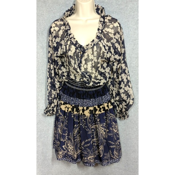 Gypsy 05 Silk Dress S Blue Paisley Bell Sleeve Smocked Waist Cuff Fairy Inspired - Picture 3 of 13